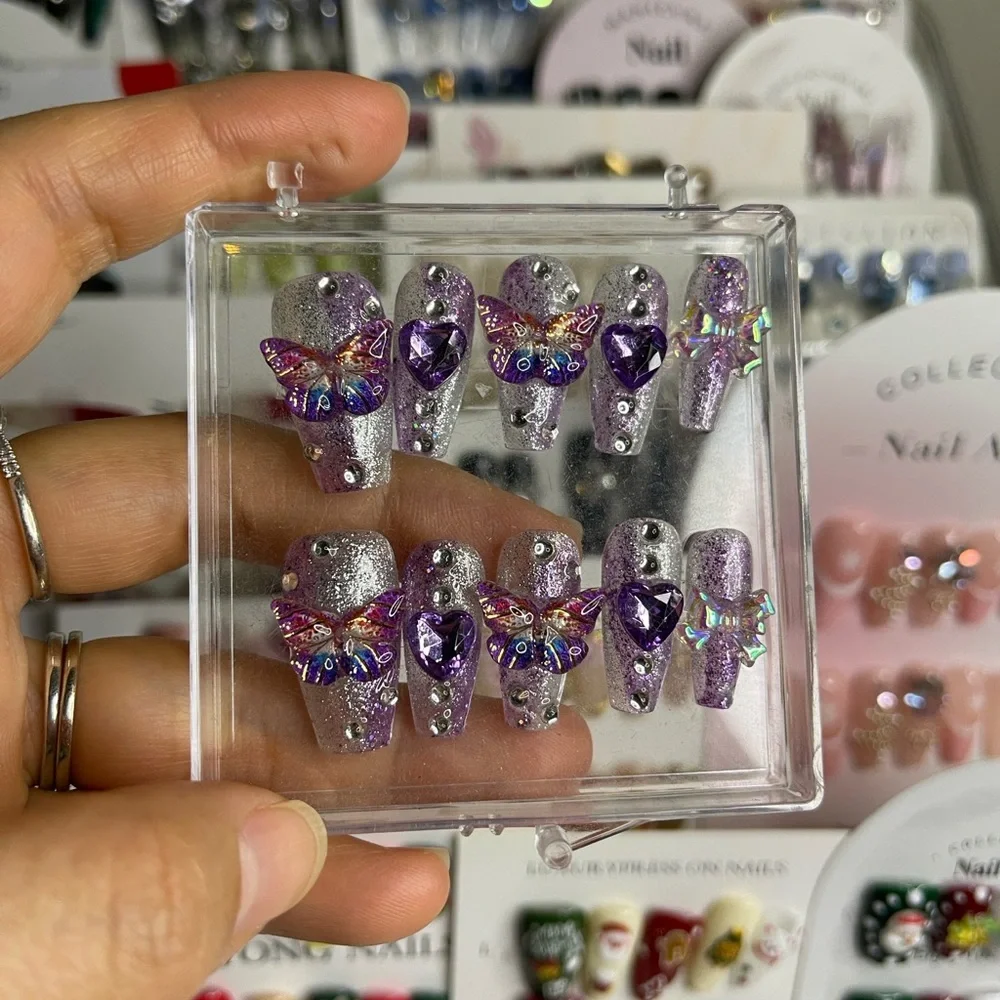M size Purple Glitter Butterfly Nail Set